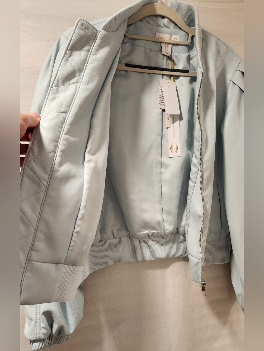 House Of Harlow 1960 Vegan Faux Leather Puff Sleeve Blue Bomber Jacket Size M - Picture 3 of 6